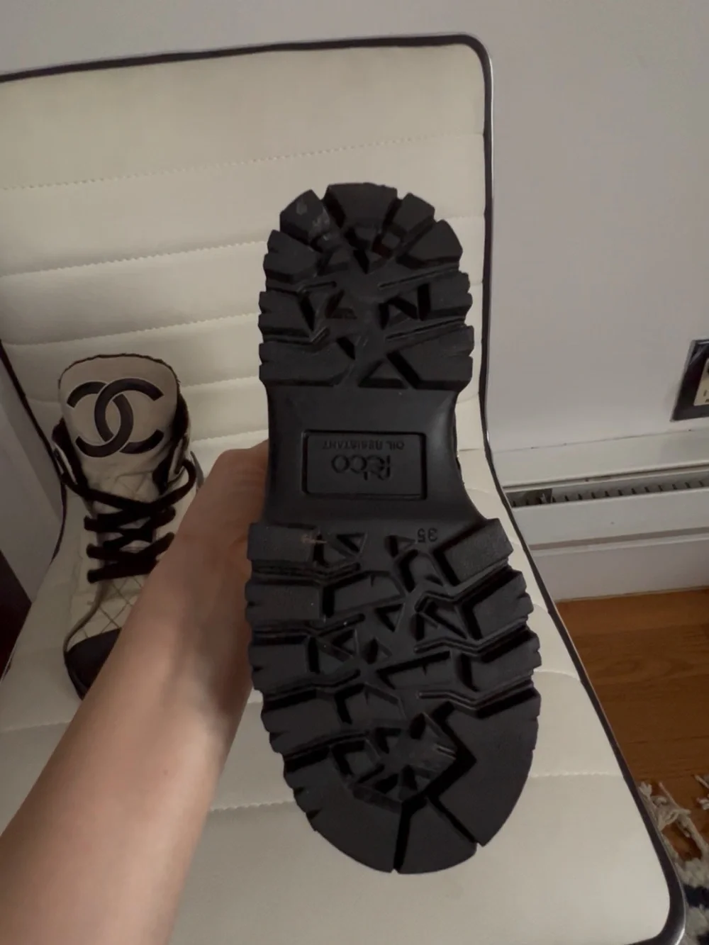 CHANEL White and Black Quilted Lace-Up High-Top Boots